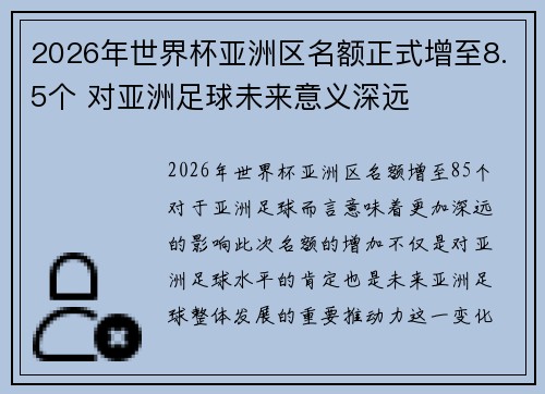 2026年世界杯亚洲区名额正式增至8.5个 对亚洲足球未来意义深远 2026年世界杯亚洲区名额正式增至8.5个 对亚洲足球未来意义深远